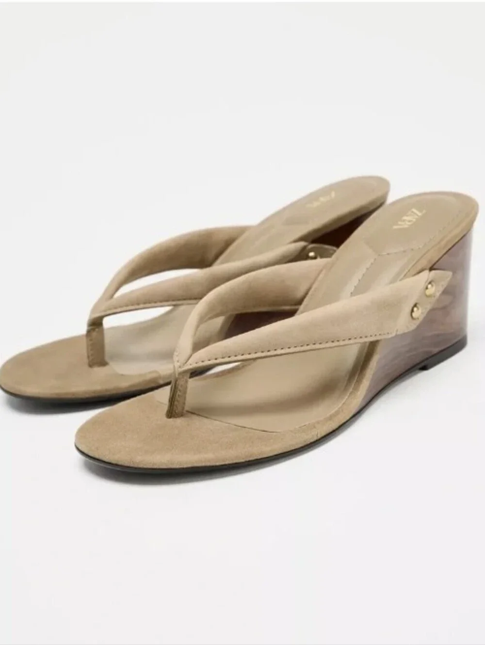Zara Split Leather Wedge Sandals Sandy Brown NWT